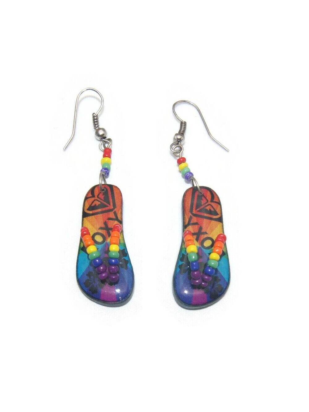 Fun Vintage Multi Color Plastic Beaded Sandal Dangle Earrings with Hook Backs.